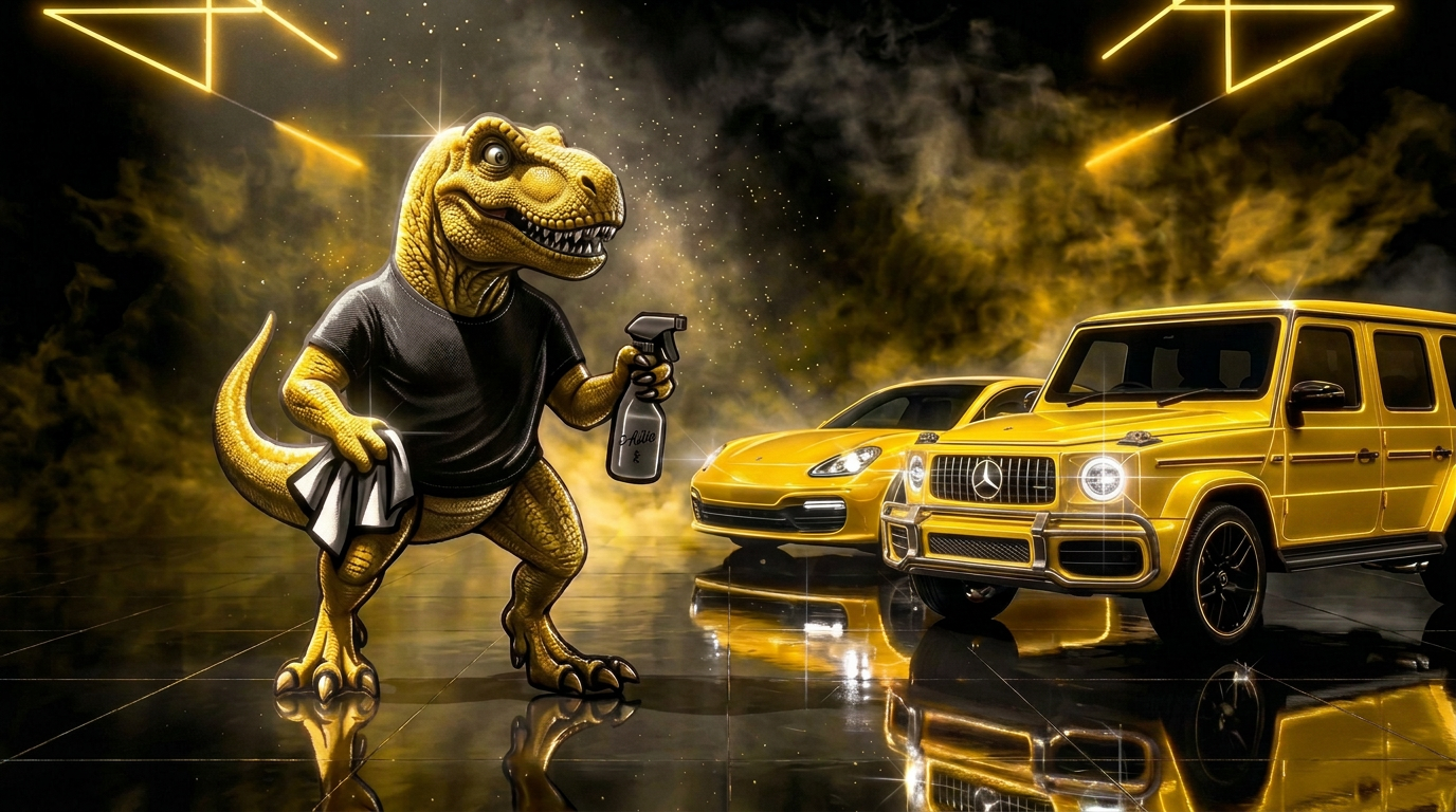 Easy Auto Detail T-Rex mascot washing a car